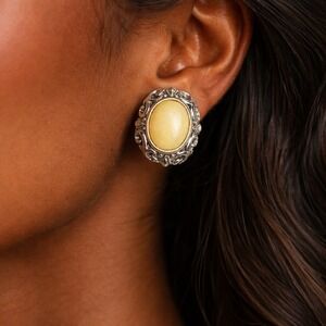 Filigree Clip On Earrings Yellow Cabochon Silver Tone Vintage Style Statement